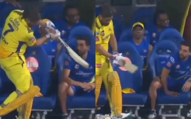 Deepak Chahar departs the dugout amusingly during MS Dhoni's shadow practice against RCB in IPL 2023.