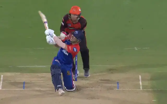 David Warner scores his first six of the 2023 IPL season in Hyderabad against SRH.