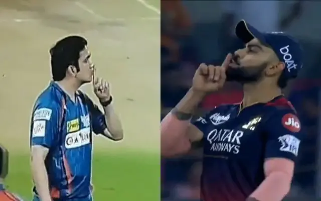 Virat Kohli imitates Gautam Gambhir's silencing gesture after dismissing Ayush Badoni with a stunning catch.