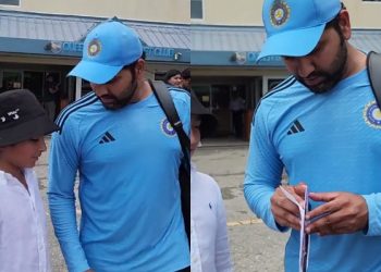 Before the second Test in Trinidad, Rohit Sharma and a little fan enjoy a touching moment during "It's Between You and Me."