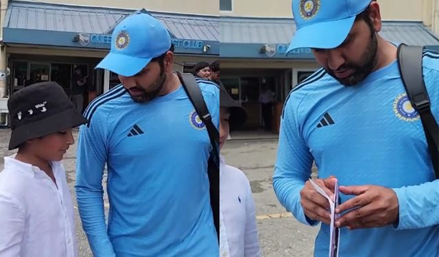 Before the second Test in Trinidad, Rohit Sharma and a little fan enjoy a touching moment during "It's Between You and Me."
