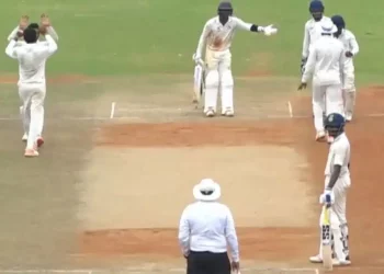 Baba Aparajith becomes enraged with the umpire following a contentious LBW decision in a club game.