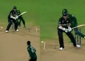 Tom Latham hits an absurd four off Agha Salman's double-bounce delivery during the ODI World Cup Warm-ups in 2023.