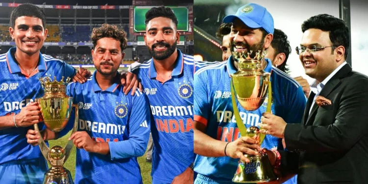 As India won its eighth title, Mohammed Siraj presented the Asia Cup trophy to whom?