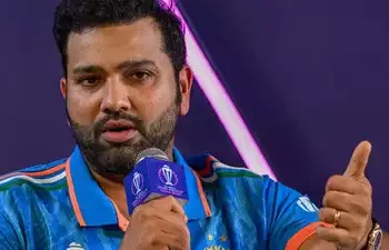 Rohit Sharma cuts off a reporter when they inquire about the contentious boundary count decision, saying, "It's not my job."