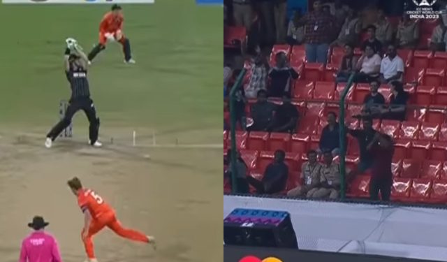 New Zealand against NED ODI World Cup 2023: Mitchell Santner's waist-high no-ball six-yarder is the shot of the day.