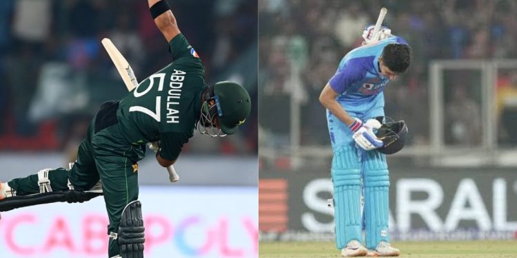 Abdullah Shafique celebrates his first ODI ton like Shubman Gill did at the CWC in 2023.