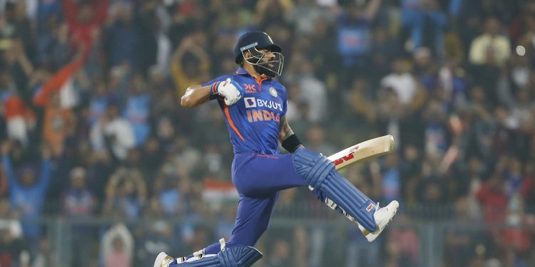 Virat Kohli celebrates wildly after scoring a century against Bangladesh in an ODI World Cup 2023 match; the video becomes viral.