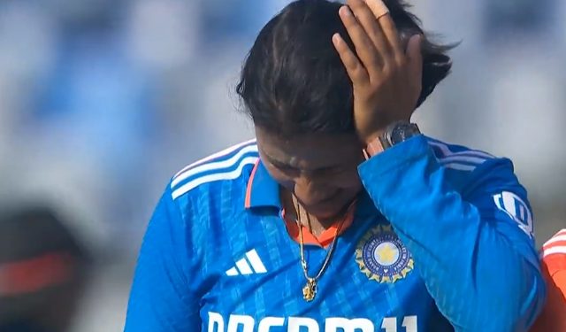 Sneh Rana takes off from the ground following an inadvertent run-in with Pooja Vastrakar