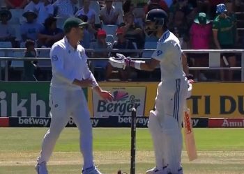 Reminding Elgar of the contentious LBW review from 2022, Kohli says, "Way higher than what Ash did to you."