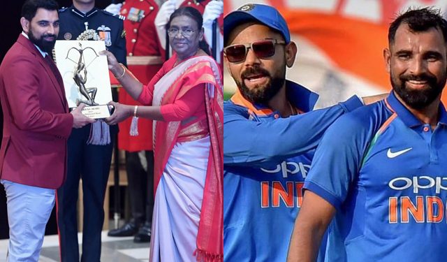Virat Kohli and others greet Mohammed Shami after he receives the prestigious Arjuna Award.
