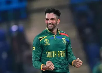 Keshav Maharaj, captain of the DSG, addresses the Indian supporters