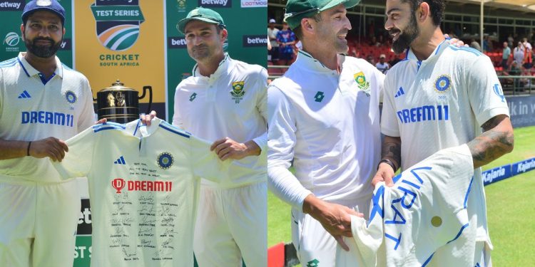 Dean Elgar is leaving after receiving signed jerseys from Virat Kohli and Rohit Sharma.