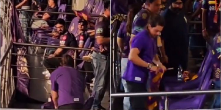 Watch: A video of Shah Rukh Khan picking up fallen KKR flags gets viral