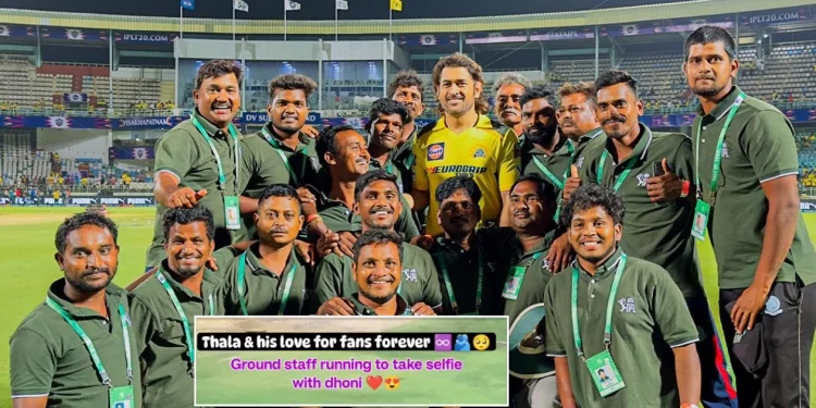 IPL 2024: Vizag ground crew rushes to take a picture with MS Dhoni