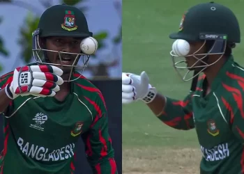 Tanzid Hasan, playing for BAN vs. NED, barely avoids harm when a bouncer gets caught in his helmet; the video goes viral.