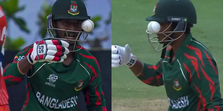 Tanzid Hasan, playing for BAN vs. NED, barely avoids harm when a bouncer gets caught in his helmet; the video goes viral.