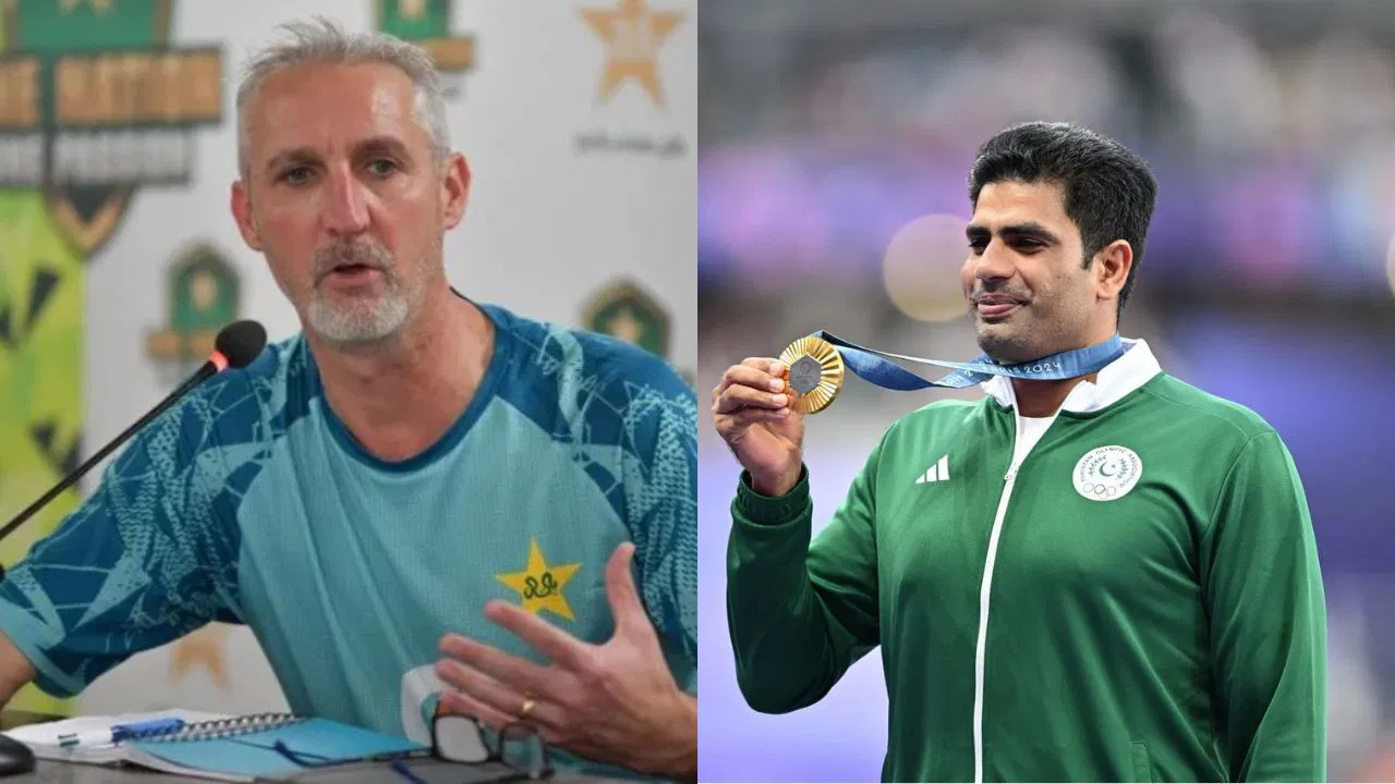 Gold medallist Arshad Nadeem is welcomed to the Pakistani dressing room by Jason Gillespie, who says, "We extend an open invitation for him."