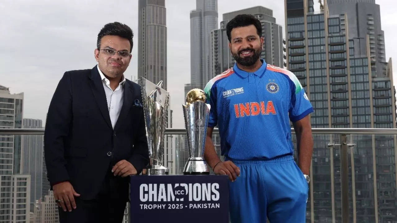 Watch: Rohit Sharma pose with T20 World Cup, Champions Trophy silverware with Jay Shah