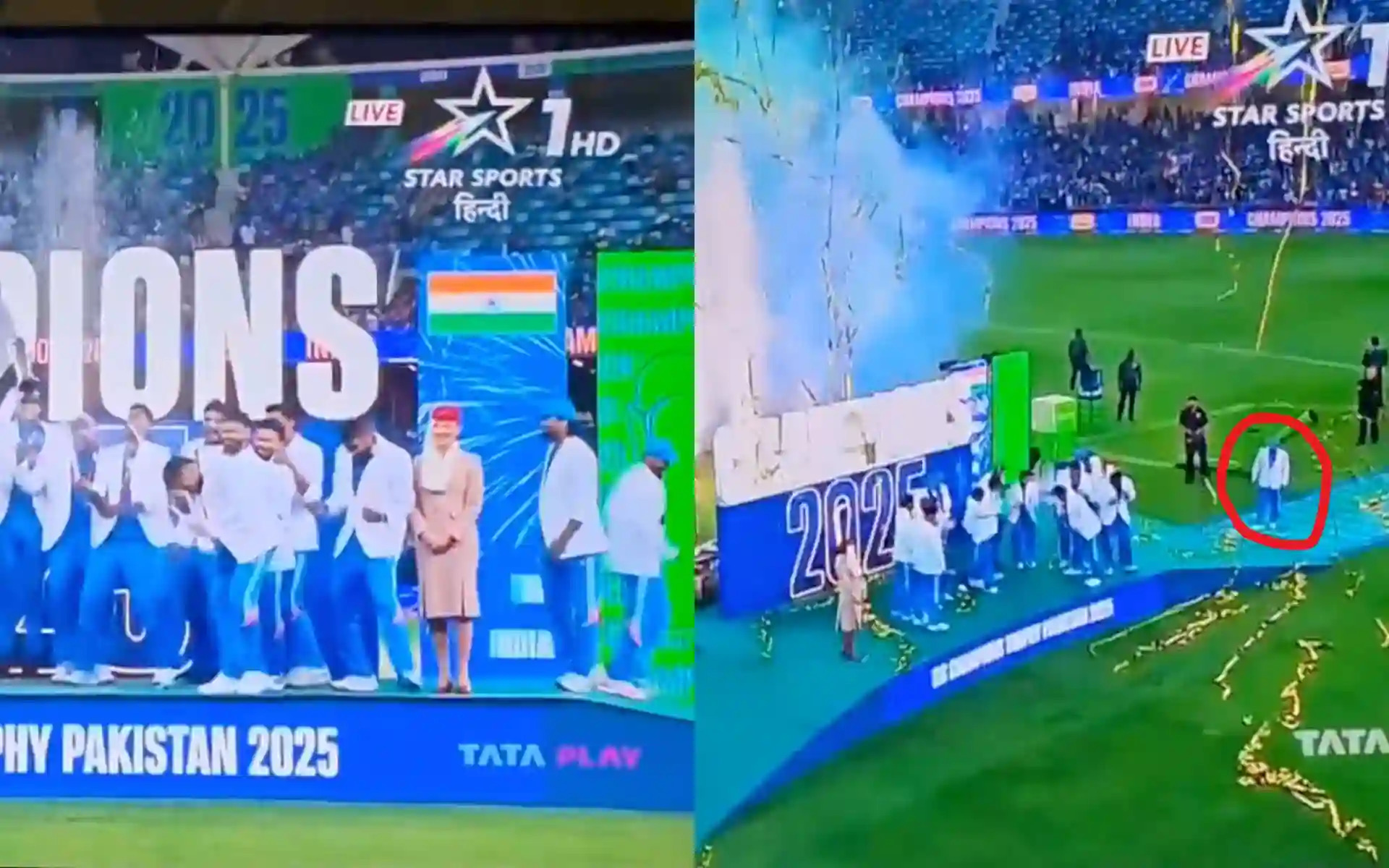 Watch: Mohammed Shami steps aside on podium to avoid champagne spray during celebrations