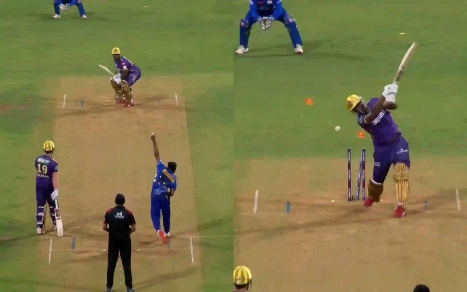 [WATCH] IPL 2025: Debutant Ashwani Kumar cleans up Andre Russell cheaply in MI vs KKR match