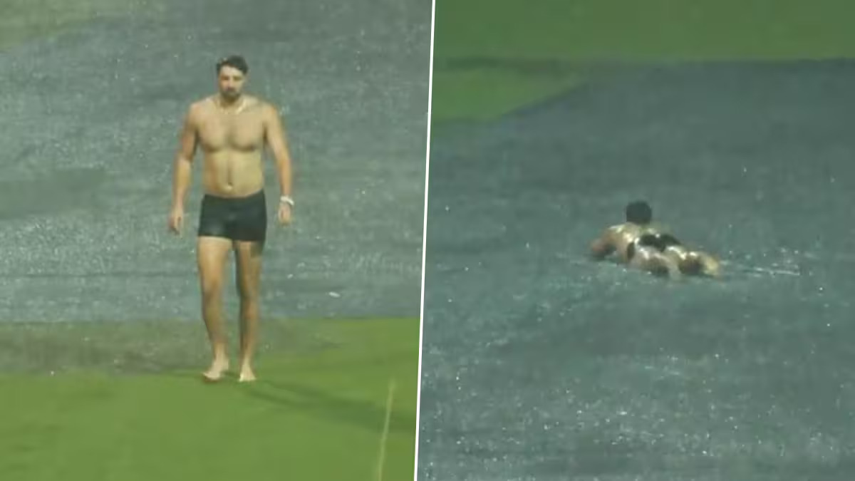 [Watch] IPL 2025: Tim David takes a swim at M Chinnaswamy Stadium amid heavy rain