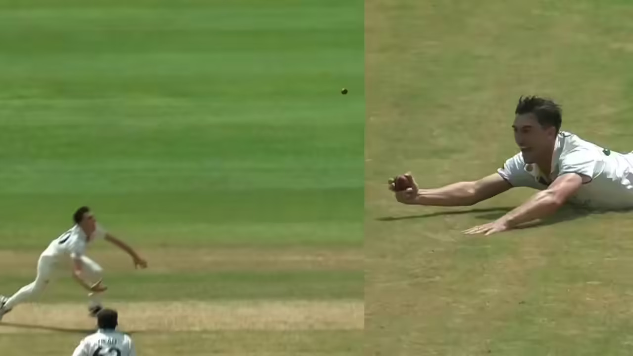 [WATCH] WI vs AUS 2025: Cummins' one-handed grab stuns Carty as visitors take control early on Day 2